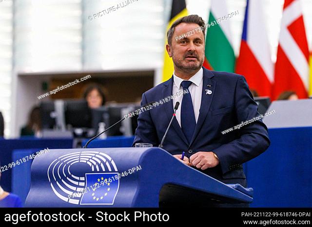 22 November 2022, France, Straßburg: Xavier Bettel (DP), Prime Minister of the Grand Duchy of Luxembourg, speaks during the celebration of the 70th anniversary...