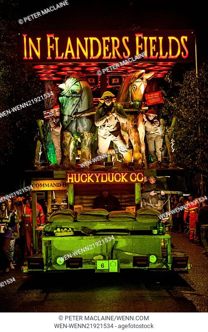 Illuminated floats or 'carts' lit up the streets during the Shepton Mallet Carnival 2014. The carnival is to commemorate the attempted blowing up of the Houses...