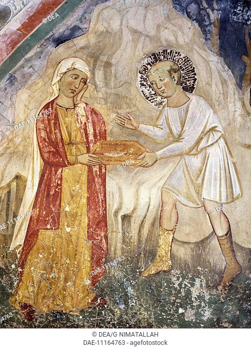 Stories of St Benedict, the Miracle of the Sieve, 13th century fresco by Consolo or Magister Consolus and assistants.The Lower Church of Sacro Speco Monastery