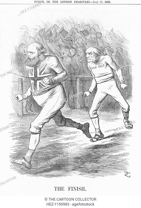 'The Finish', 1886. This is a companion cartoon to 'The Start', published on 3rd July 1886. Lord Salisbury, the Leader in the Lords of the Conservative Party