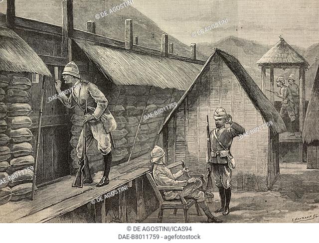 An outpost look out at Yawhi, The Chin-Lushai Expedition, engraving from The Illustrated London News, volume 96, No 2665, May 17, 1890