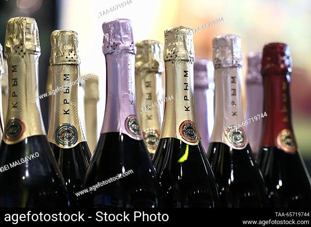 RUSSIA, SEVASTOPOL - DECEMBER 13, 2023: Bottles of sparkling wines on display in the brand shop at the Shampaneria winery run by the Zolotaya Balka company