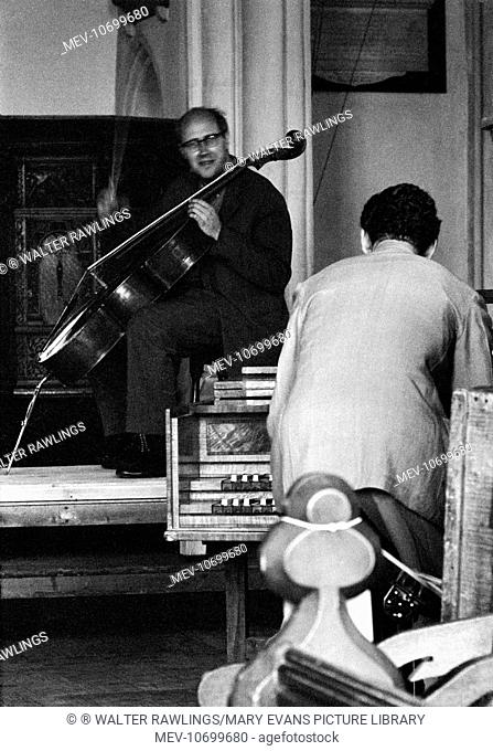 Rostropovich (cello) and Benjamin Britten standing at the Harpsichord. Rostropovich's hosts were introducing him to the church in which he would give his first...
