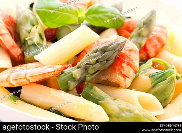 asparagus tips, pasta, shrimp