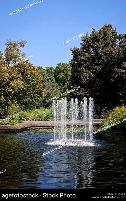 Muelheim an der Ruhr, Ruhr area, North Rhine-Westphalia, Germany - Lake with a fountain in the MueGa park, Muelheims Garten an der Ruhr