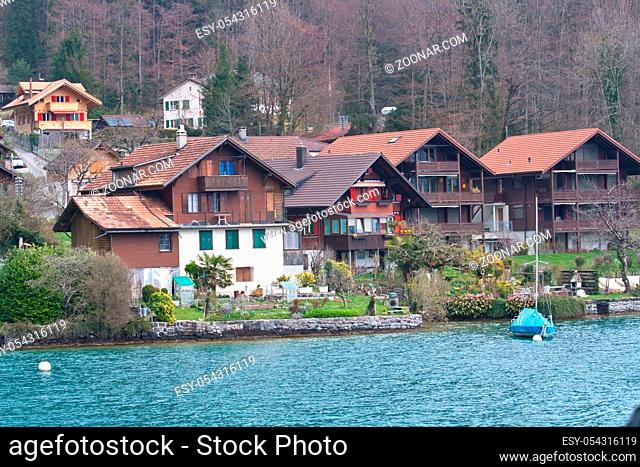vintage town landscape around lake Thun, Switzerland