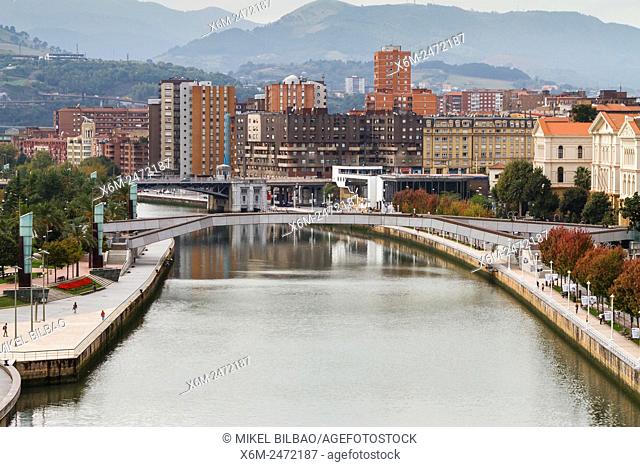 Pedro Arrupe footbridge and Nervion river. Bilbao, Biscay, Spain, Europe