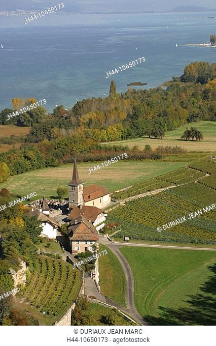 10650173, castle, Font, autumn, canton Freiburg, church, Lac de Neuchatel, aerial photo, aerial view, Neuenburgersee, castle
