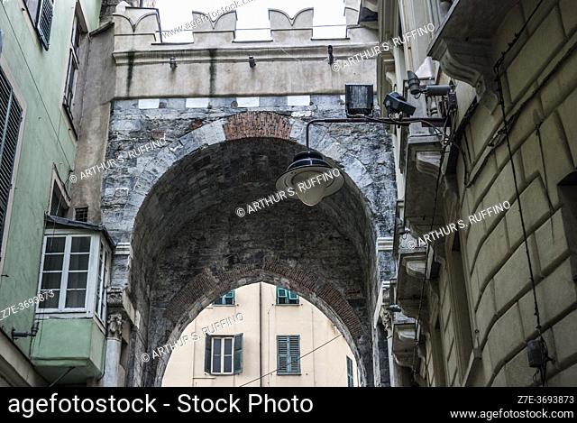 Architecture of Genoa. Cow's Gate (Porta dei Vacca) on Fountain Street (Via delle Fontane). Genoa, Liguria Region, Italy, Europe