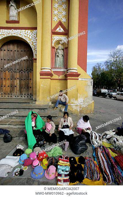 Ethnic Tzotziles an ethnic group of the Mayas people of San Juan Chamula, ethnic community selling handicrafts to tourists at San Cristóbal de las Casas Mexican...