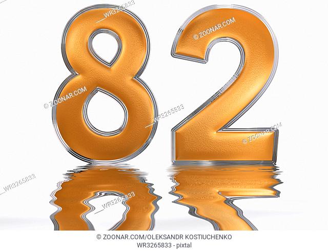 Numeral 82, eighty two, reflected on the water surface, isolated on white, 3d render