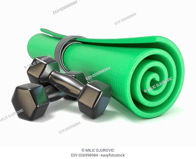 Green fitness mat and black weights. 3D render illustration isolated on white background