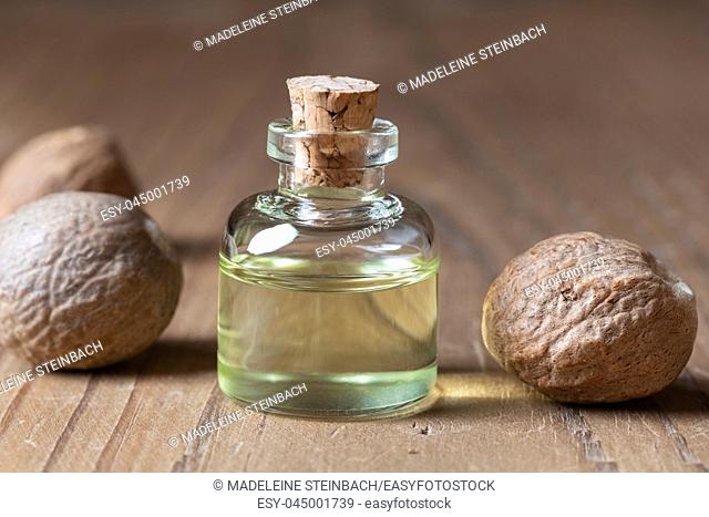A bottle of nutmeg essential oil