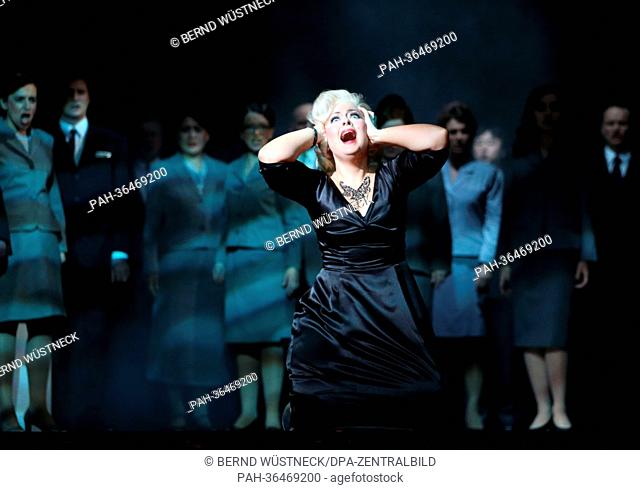Laura Parfitt as Marilyn Monroe performs on stage during rehearsals of the opera 'Happy Birthday, Mr. President' by Kriss Russmann (music) and Syllaynn Kleibel...