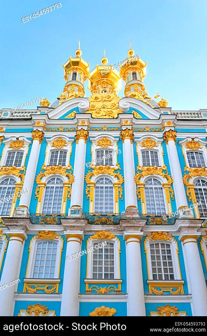 Golden cupolas of Catherine Palace church on the sky background, suburb of St.Petersburg, Russia