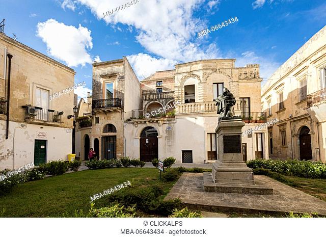 Statues and baroque style buildings surrounded by gardens in the old town of Lecce Apulia Italy Europe