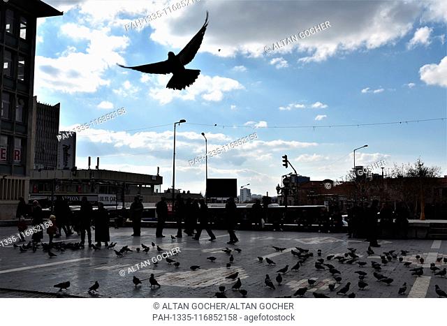 12 February 2019, Turkey, Ankara: A pigeon flies away as people walk on a square in the historic Ulus district. Photo: Altan Gocher | usage worldwide
