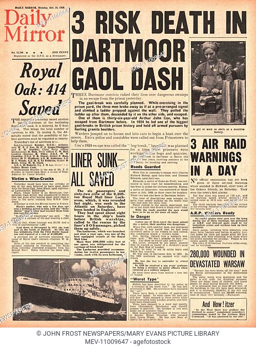 1939 Daily Mirror front page reporting Jailbreak at Dartmoor prison, U-Boats sink French liner Bretagne and three other ships, including the Lochavon