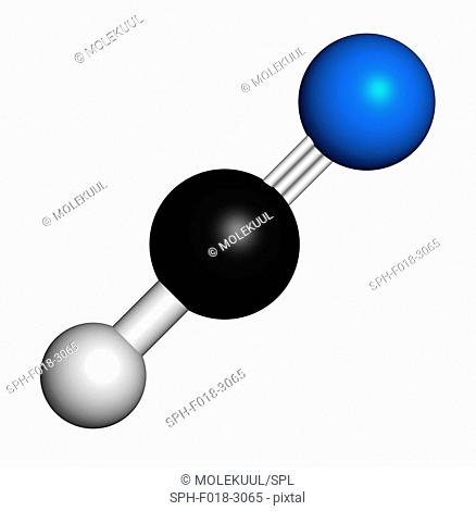 Hydrogen cyanide (HCN) poison molecule. Has typical almond-like odour. Atoms are represented as spheres with conventional colour coding: hydrogen (white)