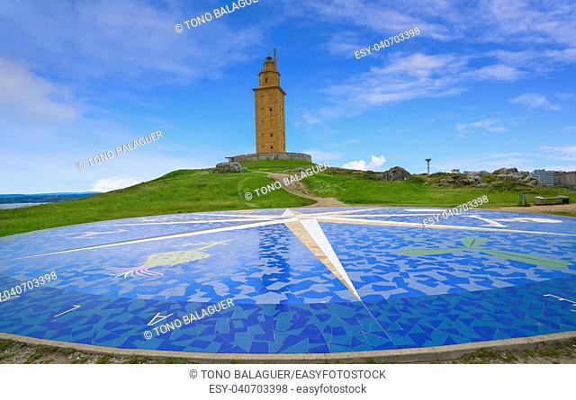 La Coruna compass mosaic floor near Hercules tower in Galicia Spain