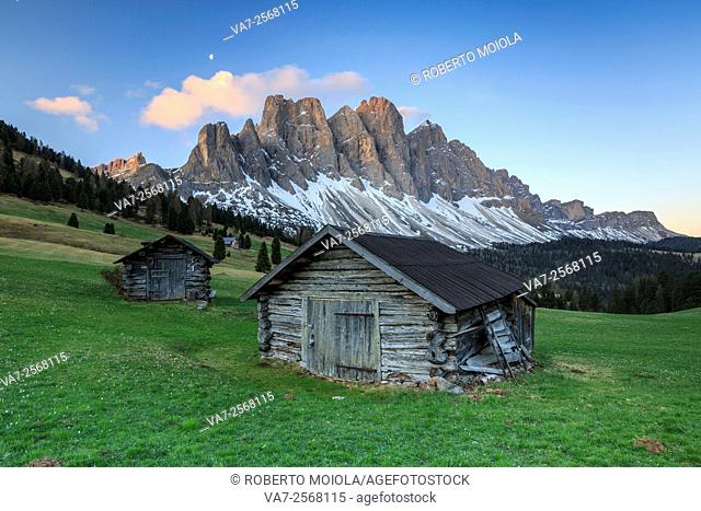 The group of Odle views from Gampen Malga at dawn. Funes Valley. Dolomites South Tyrol Italy Europe