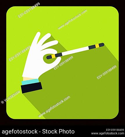 Hand with magic wand icon in flat style with long shadow. Tricks symbol vector illustration