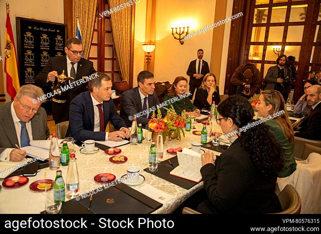 Prime Minister Alexander De Croo and Prime Minister of Spain Pedro Sanchez talk to Expert on international law professor Cochav Elkayam-Levy during a meeting...