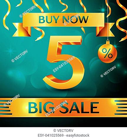Realistic banner Merry Christmas with text Gold Big Sale buy now five percent for discount on green background. Confetti, christmas ball and gold ribbon