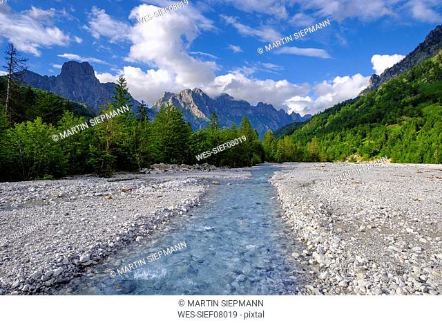 Albania, Kukes County, Albanian Alps, Valbona National Park, Mountains Maja e Thate and Maja Lugut Ujit, Valbona river