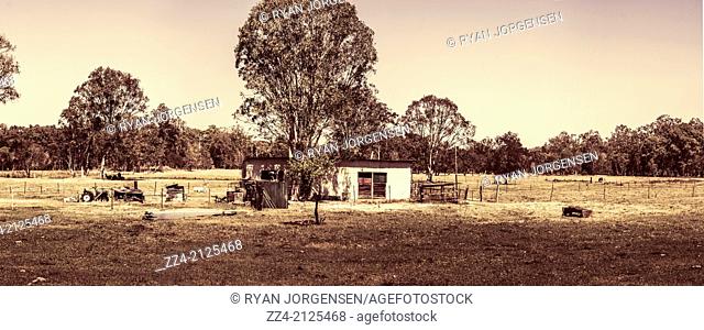 6 image photostitch panorama of a dry and rugged outback Australian country landscape. Photograph captured North Brisbane, Queensland, Australia