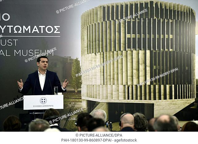 Greek Prime Minister Alexis Tsipras speaks during a foundation stone-laying ceremony for a Holocaust museum in Thessaloniki on January 30, 2018