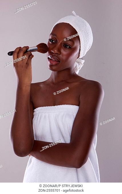 black beauty woman after shower cleaning and beauty treatments