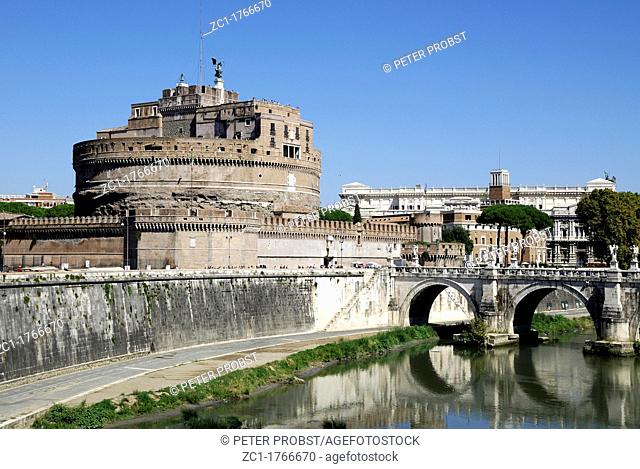 Angel castle with the Angel bridge at the Tiber in Rome - Mausoleum of Hadrian - Caution: For the editorial use only  Not for advertising or other commercial...