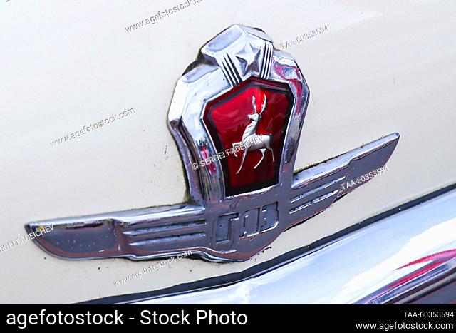 RUSSIA, MOSCOW - JULY 9, 2023: A logo of a GAZ-21 Volga car is on display during a vintage vehicle festival marking Moscow Public Transport Day on Sparrow Hills