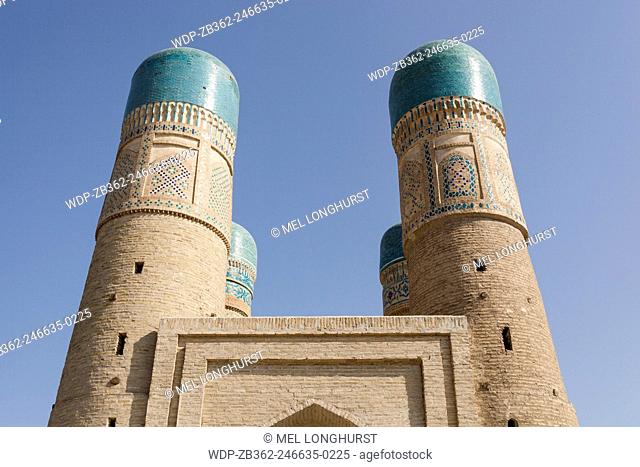 The four minarets of Chor Minor Madrasah, also known as Chor Minar Madrasah, Bukhara, Uzbekistan