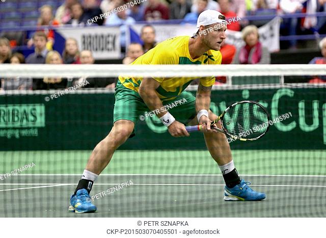 Samuel Groth of Australia waits to return the ball during the Davis Cup World Group first round doubles tennis match against Jiri Vesely and Adam Pavlasek of...