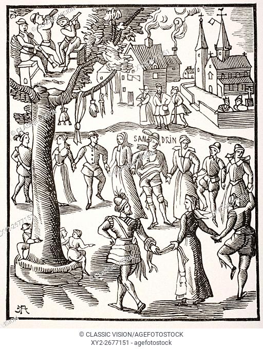 Village Feast. 19th century reproduction of 16th century woodcut of the Sandrin ou Verd Galant