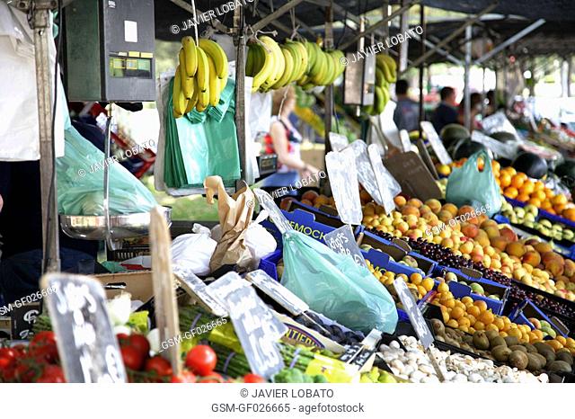 Panoramic of vegetables and fruits on sale at the market place