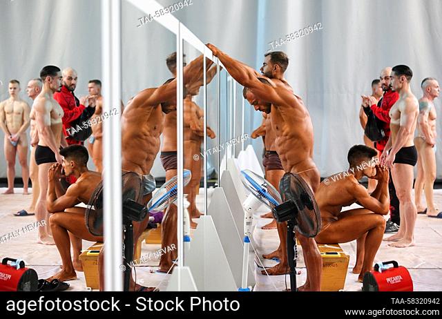 RUSSIA, KALININGRAD - APRIL 9, 2023: Athletes take part in the Kaliningrad Regional Fitness and Bodybuilding Cup at the Sozvezdiye [Constellation] gym hall
