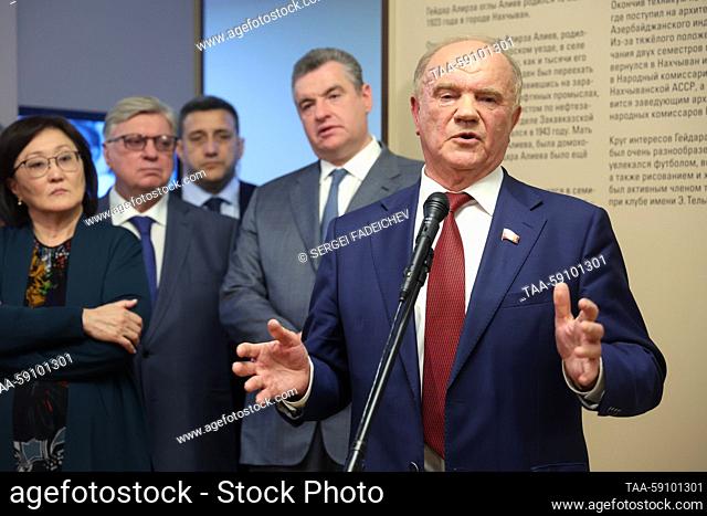 RUSSIA, MOSCOW - MAY 15, 2023: Russian Communist Party Leader Gennady Zyuganov (front) speaks during the opening of an exhibition marking the 100th birth...
