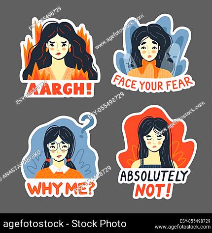 Anger, rage, fear, irritation, rejection concept. Set of portrais of furious refusal women. Young girls expressing negative emotions