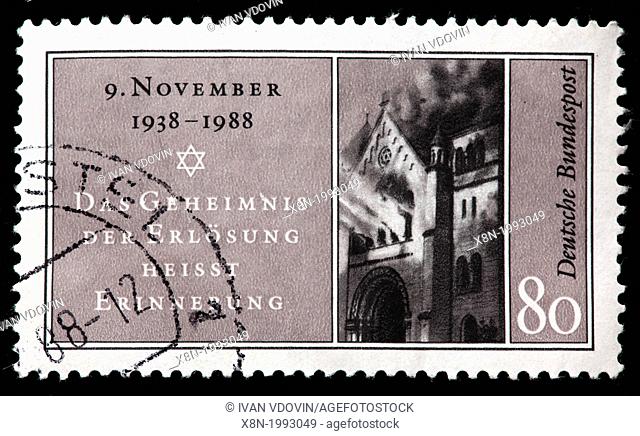 Nazi Pogrom, 1938, burning synagogue in Baden-Baden, postage stamp, Germany, 1988