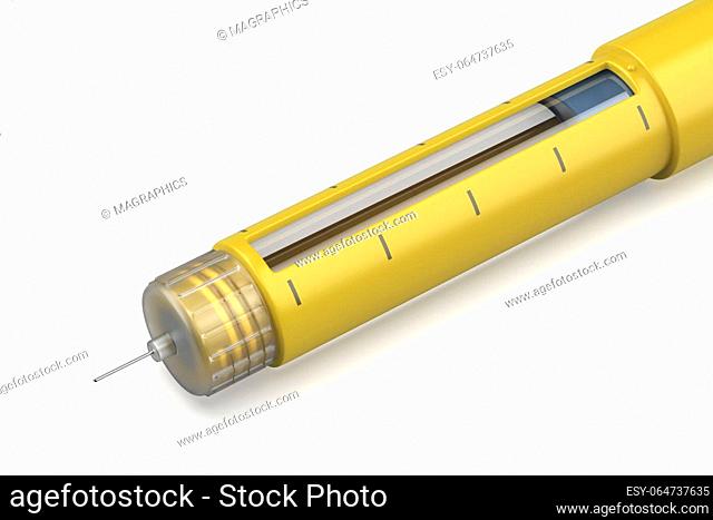 Close up of yellow insulin pen on white background