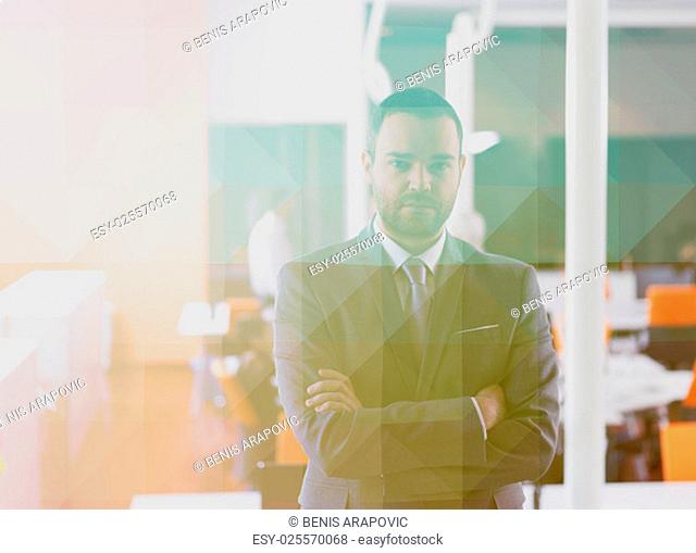Double exposure with low poly design. Happy young business man portrait at modern meeting office indoors