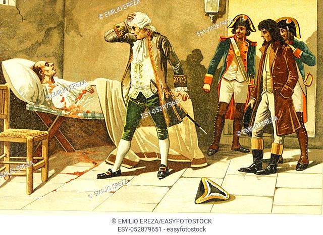 French revolution. Jerome Pétion de Villeneuve, politician and Mayor of Paris seeing his friend the mayor about to die. Antique illustration