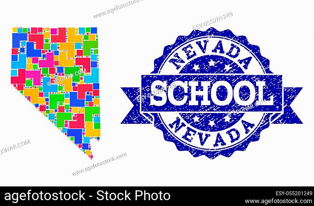 Mosaic puzzle map of Nevada State and rubber school seal with ribbon. Vector map of Nevada State constructed with bright colored square and corner blocks