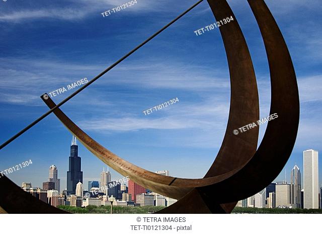 Adler Planetarium sundial and city skyline Chicago Illinois USA