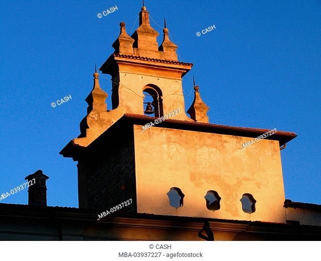 Italy, Bergamo, Torre della Campanella, detail, dusk, Lombardy, tower, belfry, buildings, construction, architecture, sight, sunset, destination, tourism