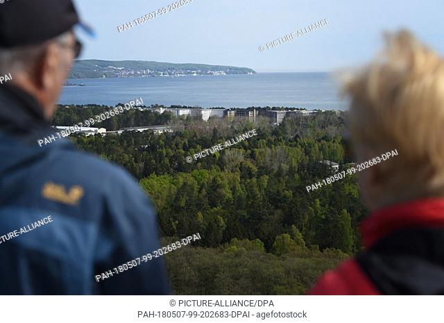 05 May 2018, Germany, Prora: View from the 40-metre-high viewing platform on the blocks of the former Strength Through Joy facility Prora and the port town...