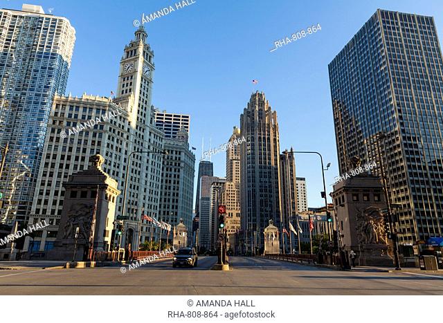DuSable Bridge looking up North Michigan Avenue, the Wrigley Building left centre and Tribune Tower right centre, Chicago, Illinois, United States of America